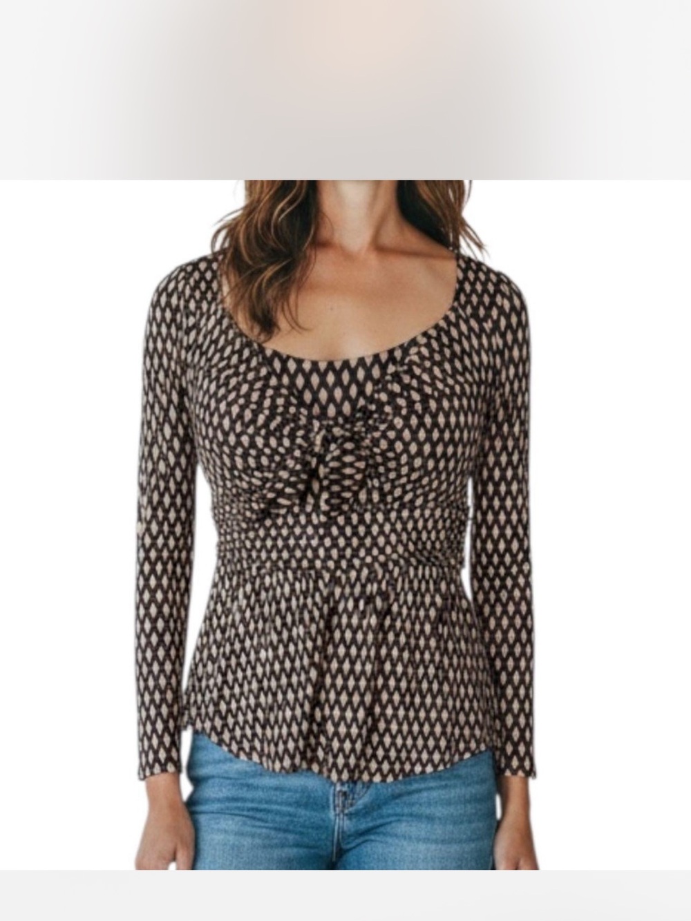 Anthropologie Black and Cream Printed Scoop-Neck Peplum Top